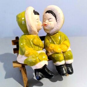 Charming Green and Black Eskimo Couple Saltand Pepper Shakers Vintage